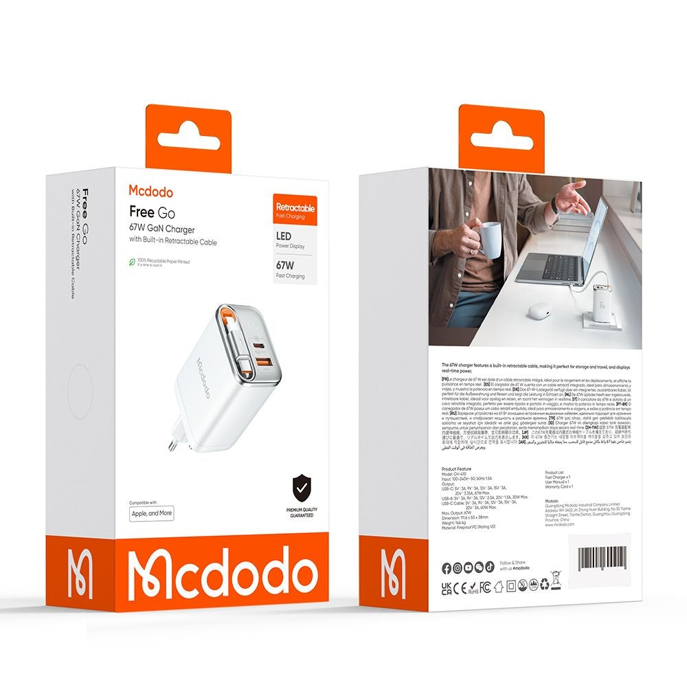 Nätverksladdare med USB-C-kabel McDodo CH-4103 FreeGo Display, 67W, 3.35A, 1 x USB-A - 1 x USB-C, Vit
