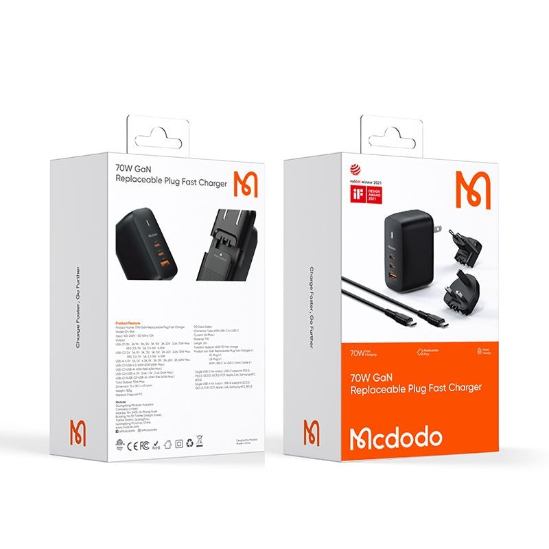 Nätverksladdare med USB-C-kabel McDodo CH-8442 Mecha Travel, 65W, 5A, 1 x USB-A - 2 x USB-C, Svart