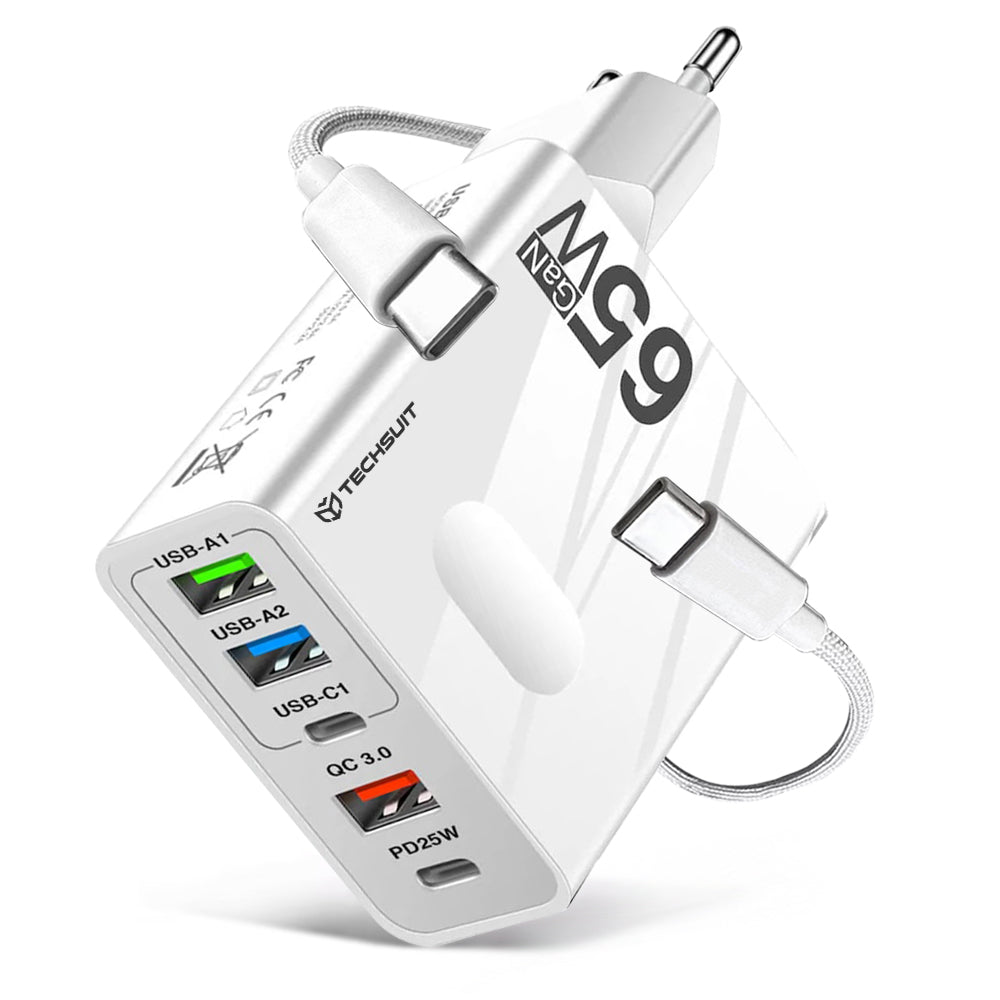 Nätverksladdare med USB-C-kabel Techsuit CHC1 PentaXPower, 25W, 3A, 3 x USB-A - 2 x USB-C, Vit