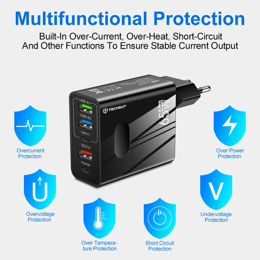 Nätverksladdare med USB-C-kabel Techsuit CHC1 PentaXPower, 25W, 3A, 3 x USB-A - 2 x USB-C, Vit