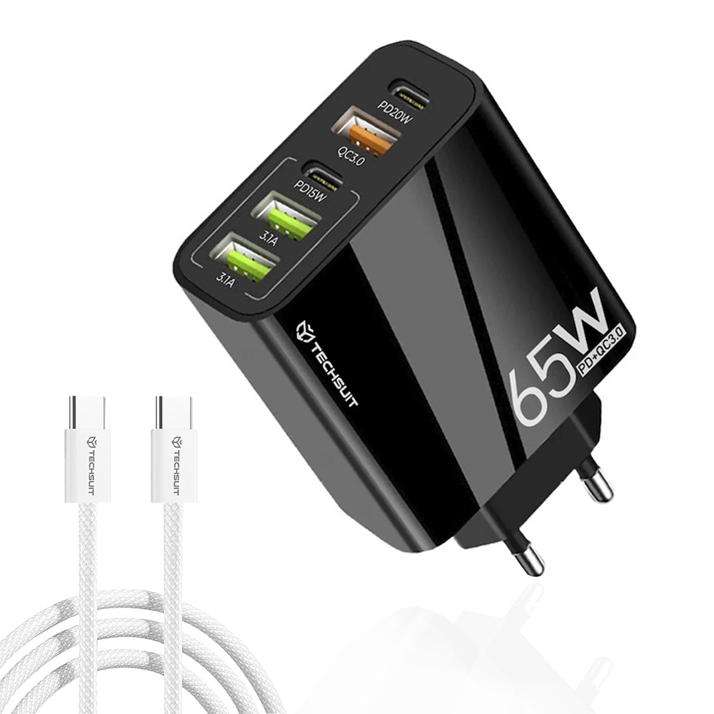 Nätverksladdare med USB-C-kabel Techsuit CHC2 PentaXPower, 20W, 3A, 3 x USB-A - 2 x USB-C, Svart