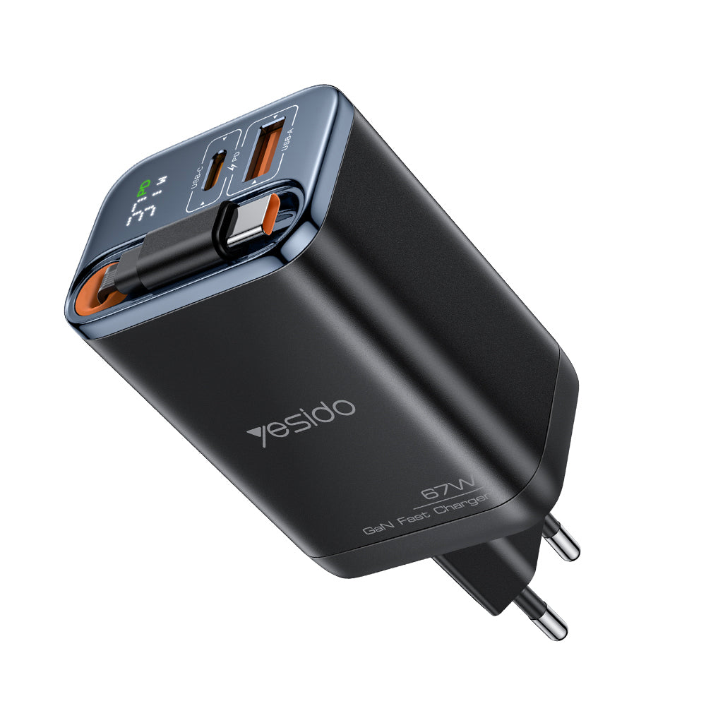 Nätverksladdare med USB-C-kabel Yesido YC100 Display, 67W, 3.35A, 1 x USB-A - 1 x USB-C, Svart