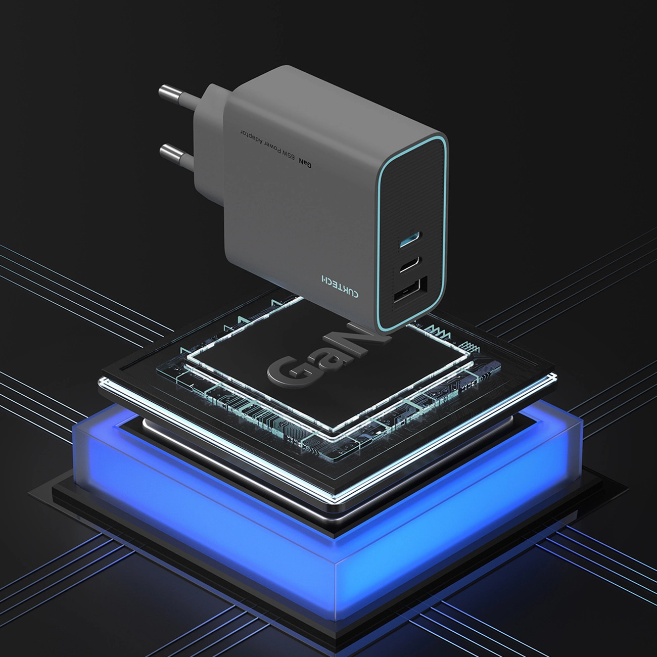 Cuktech Network Charger, 65W, 3A, 1 x USB-A - 2 x USB-C, Grey CUKAD653EUGR