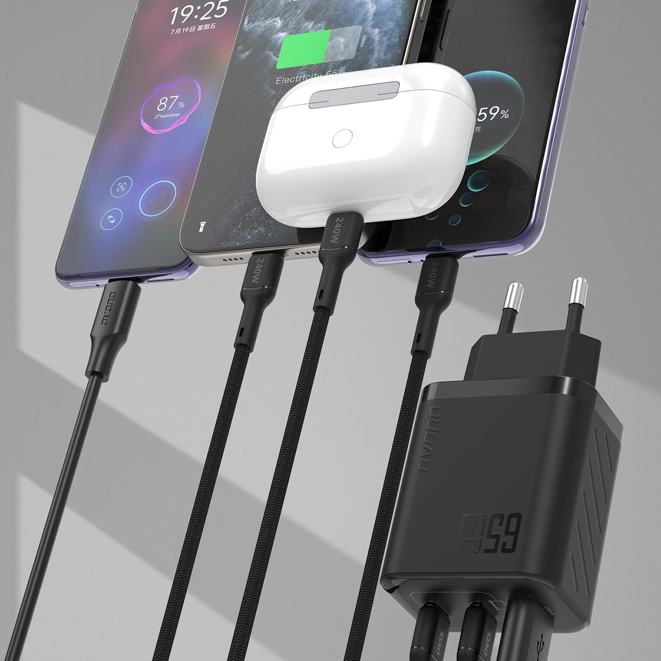 Dudao A29 Network Charger, 65W, 1 x USB-A - 2 x USB-C, Black