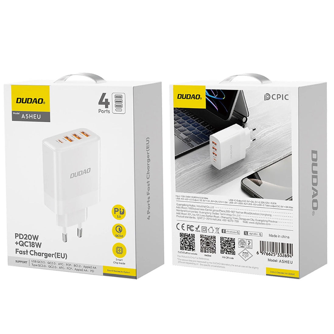Nätverksladdare Dudao A5HEU, 20W, 3A, 1 x USB-C - 3 x USB-A, Vit