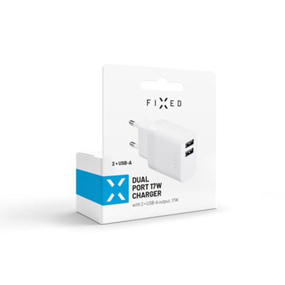 Nätverksladdare Fixed, 17W, 3A, 2 x USB-A, Vit