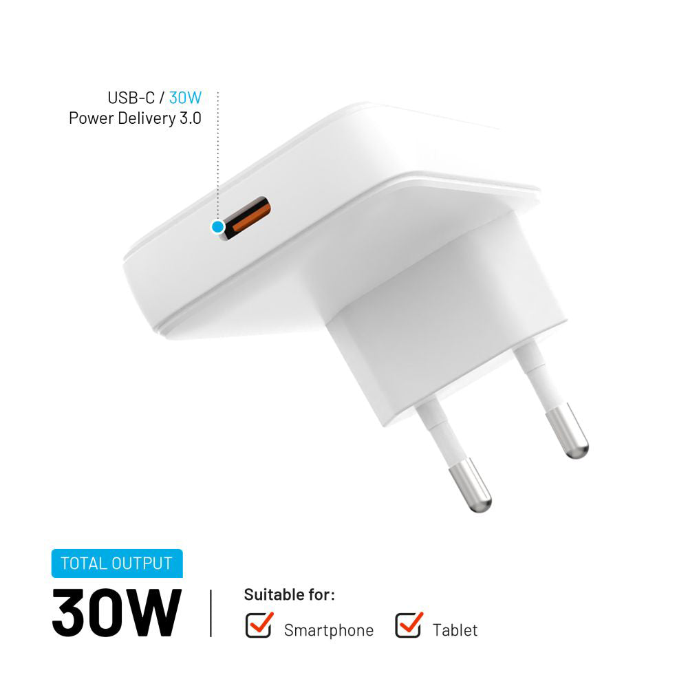 Nätverksladdare Fixed, 30W, 3A, 1 x USB-C, Vit