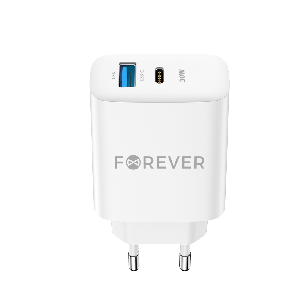 Forever nätverksladdare TC-07-30AC, 30W, 3A, 1 x USB-A - 1 x USB-C, vit