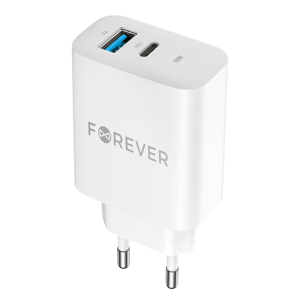 Forever nätverksladdare TC-07-30AC, 30W, 3A, 1 x USB-A - 1 x USB-C, vit