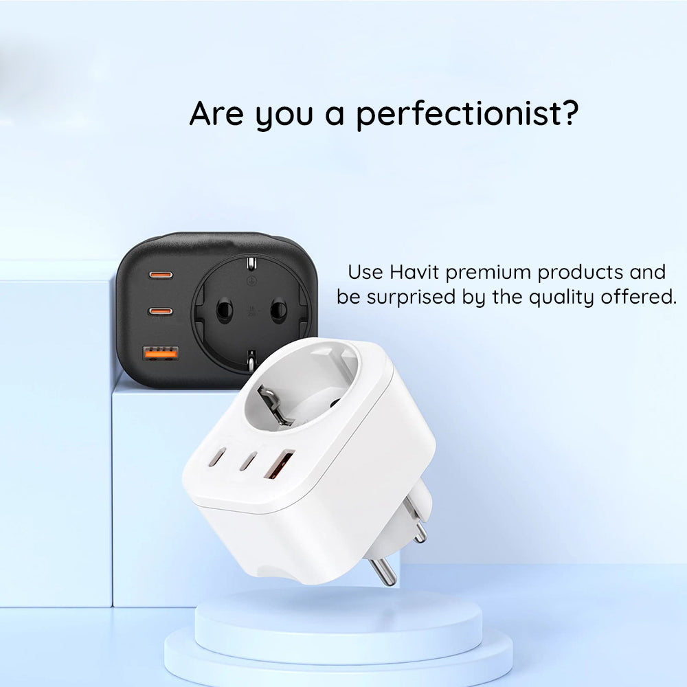 HAVIT UC142 Nätverksladdare, 30W, 3A, 1 x USB-A - 2 x USB-C - 1 x Schuko, Svart