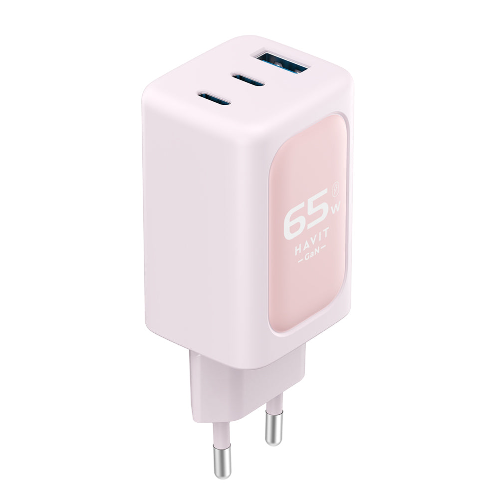 HAVIT UC260 Nätverksladdare, 65W, 3A, 1 x USB-A - 2 x USB-C, Rosa