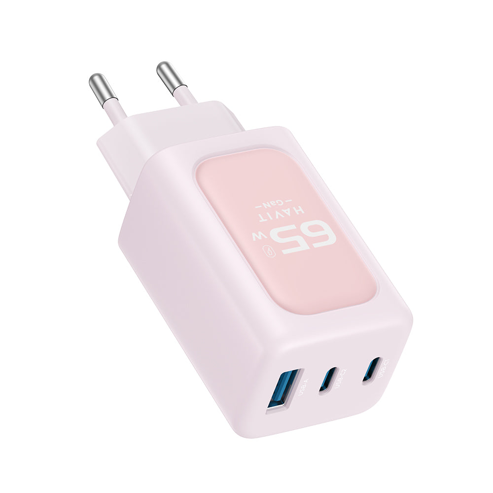 HAVIT UC260 Nätverksladdare, 65W, 3A, 1 x USB-A - 2 x USB-C, Rosa