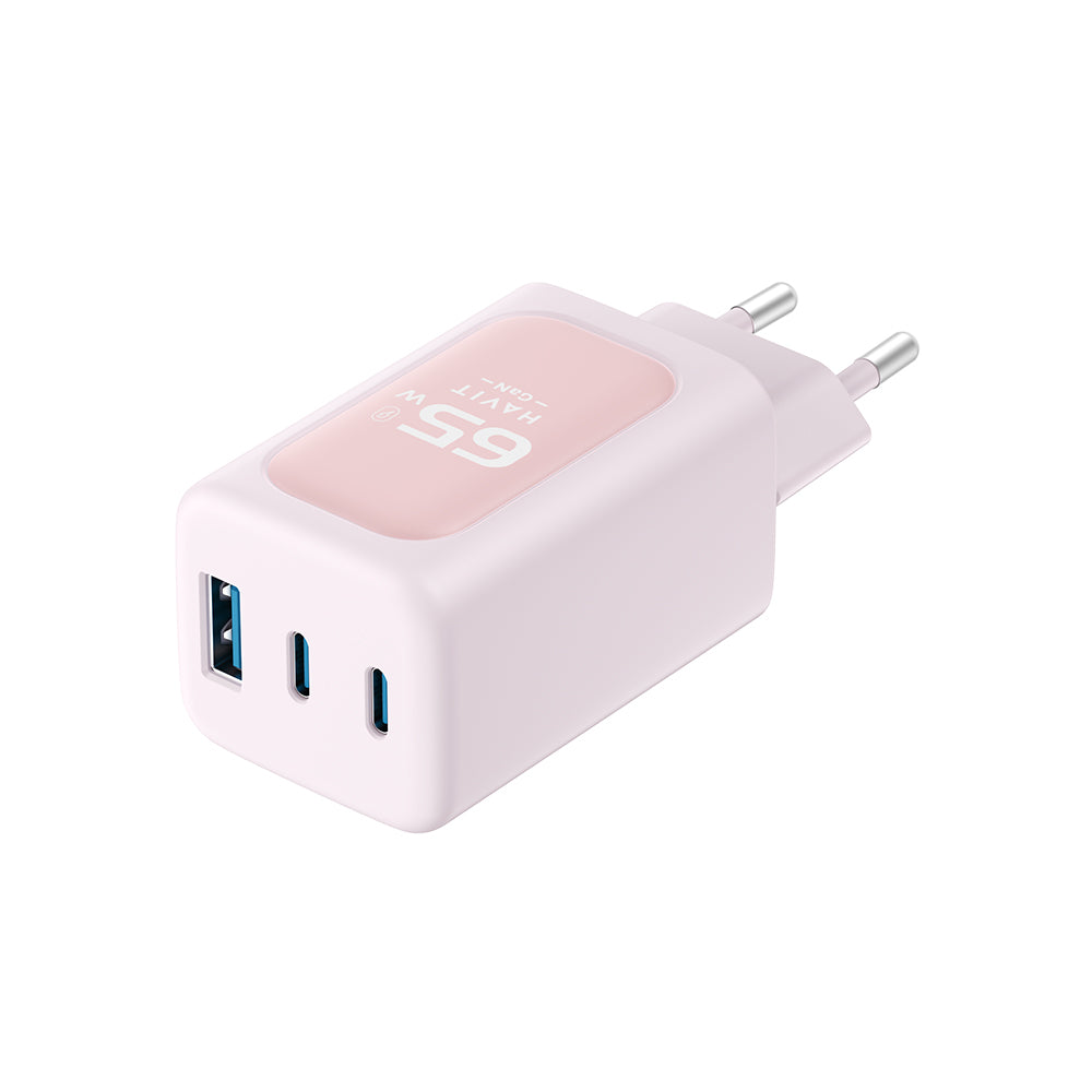 HAVIT UC260 Nätverksladdare, 65W, 3A, 1 x USB-A - 2 x USB-C, Rosa