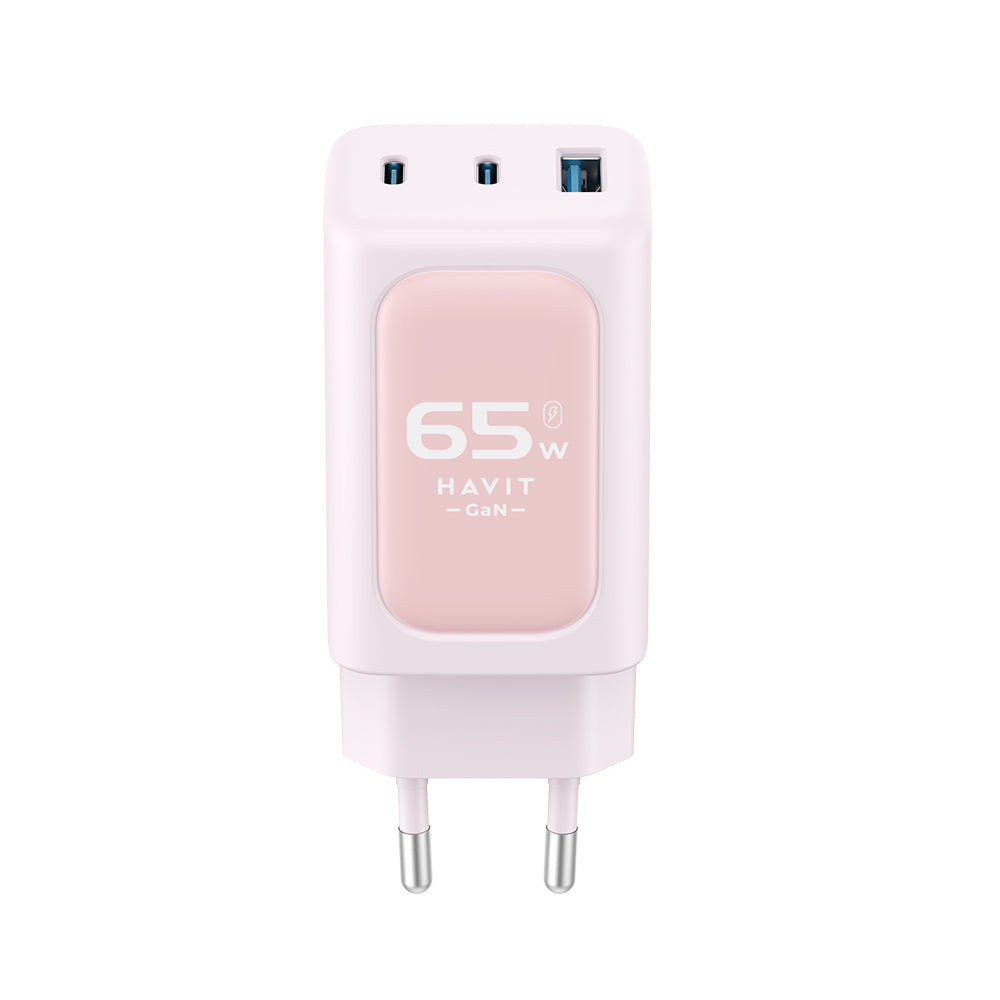 HAVIT UC260 Nätverksladdare, 65W, 3A, 1 x USB-A - 2 x USB-C, Rosa