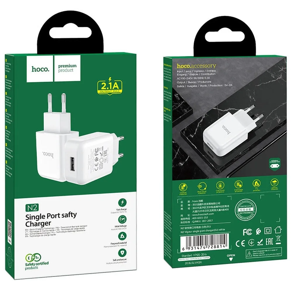Nätadapter HOCO N2, 10W, 2A, 1 x USB-A, Vit