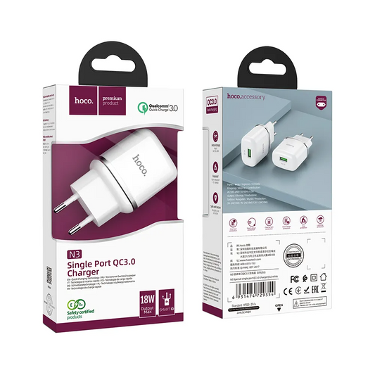 Nätverksladdare HOCO N3, 18W, 3A, 1 x USB-A, Vit