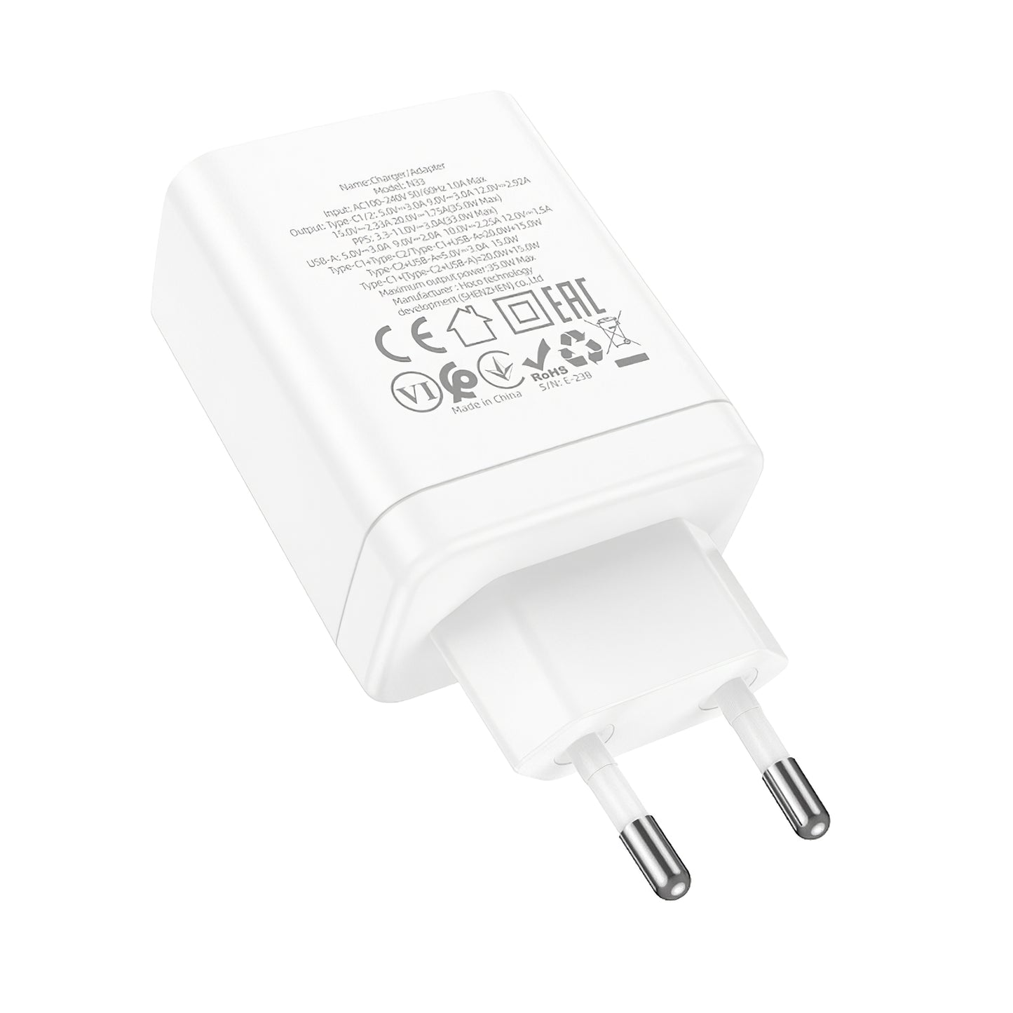 Nätverksladdare HOCO N33, 35W, 3A, 1 x USB-A - 2 x USB-C, Vit
