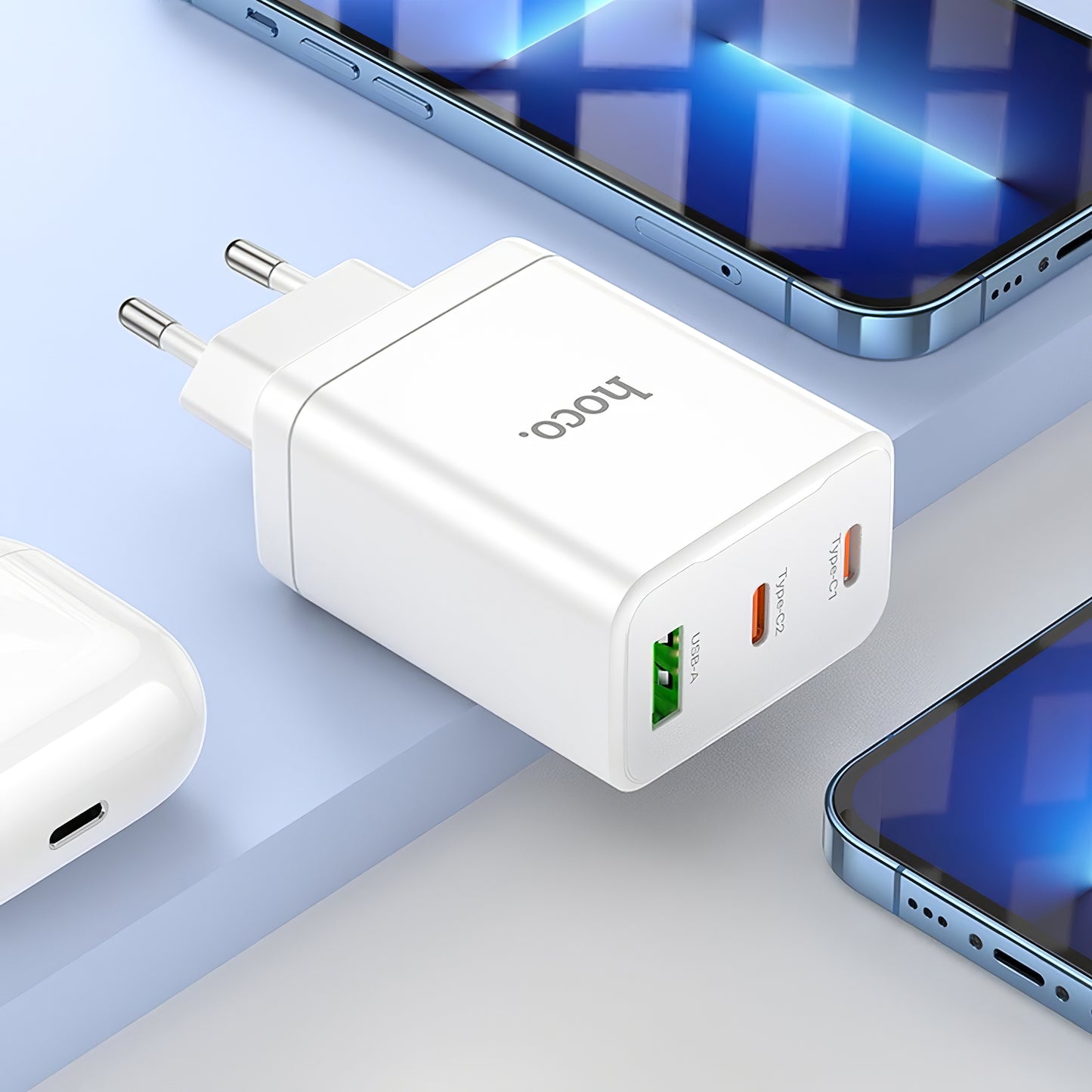 Nätverksladdare HOCO N33, 35W, 3A, 1 x USB-A - 2 x USB-C, Vit