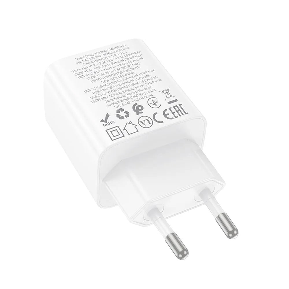 Nätverksladdare HOCO N56, 30W, 3A, 2 x USB-A - 2 x USB-C, Vit