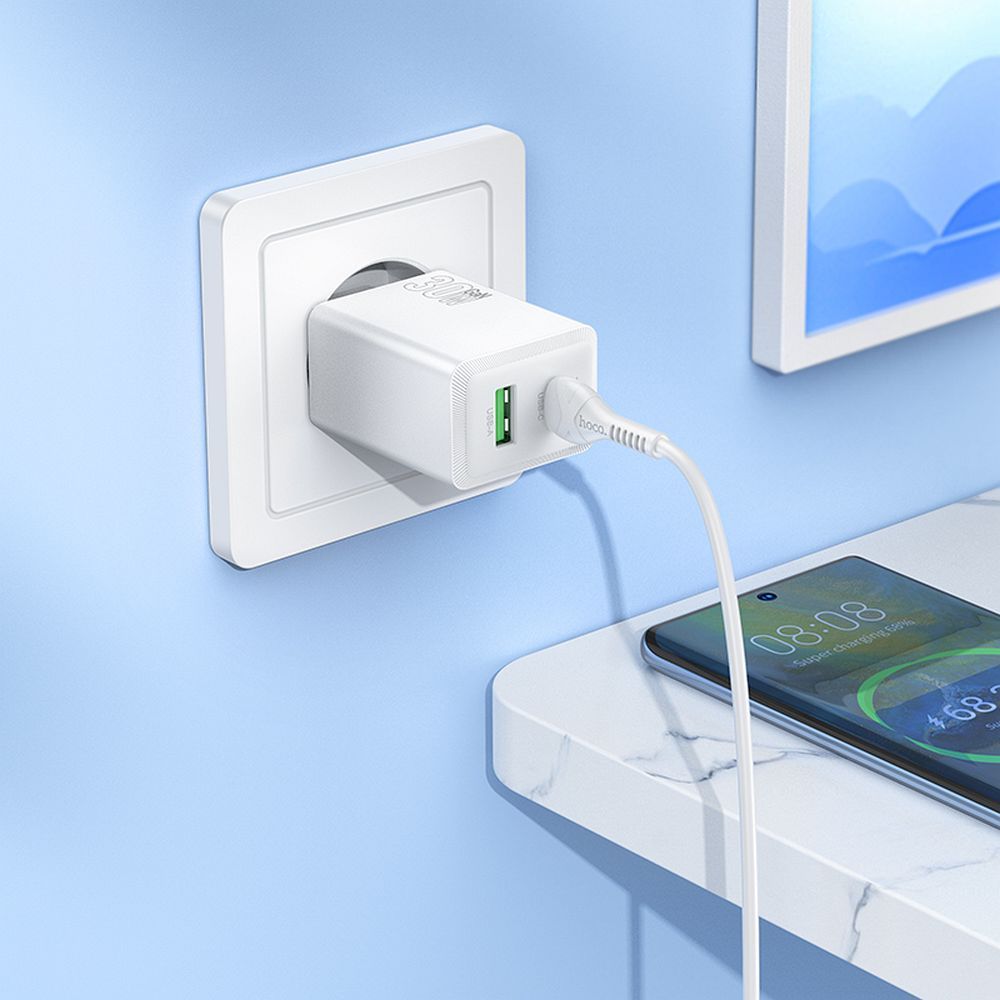Nätverksladdare HOCO N71, 30W, 3A, 1 x USB-A - 1 x USB-C, Vit