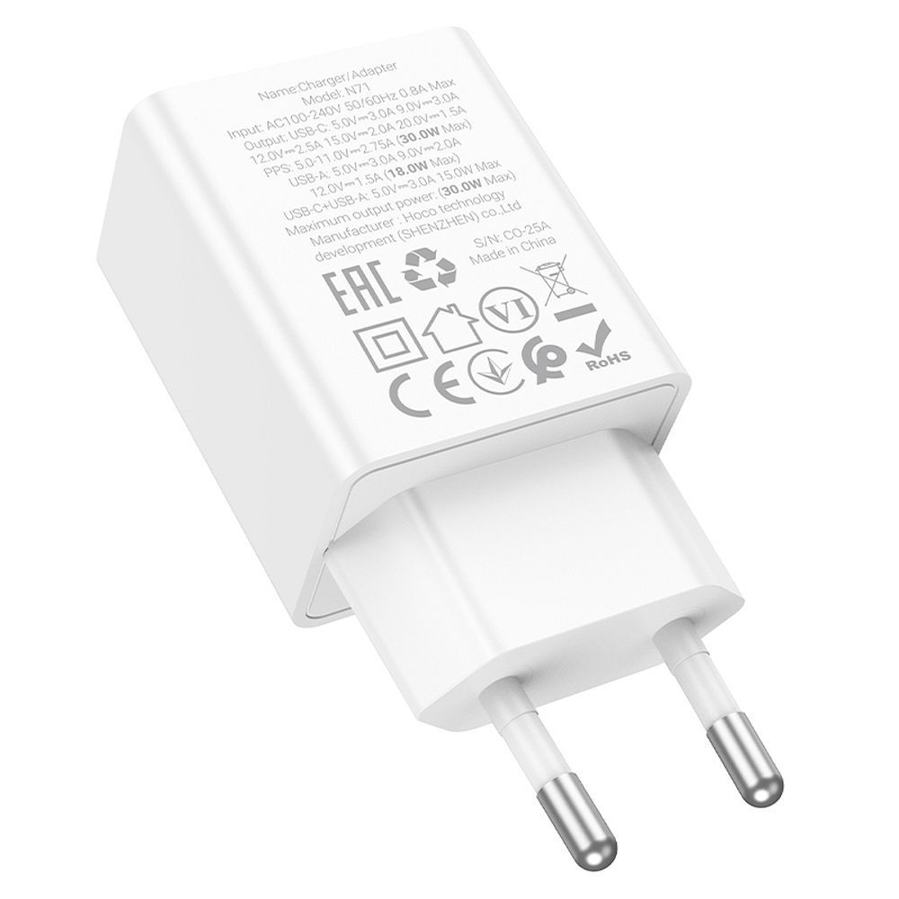 Nätverksladdare HOCO N71, 30W, 3A, 1 x USB-A - 1 x USB-C, Vit