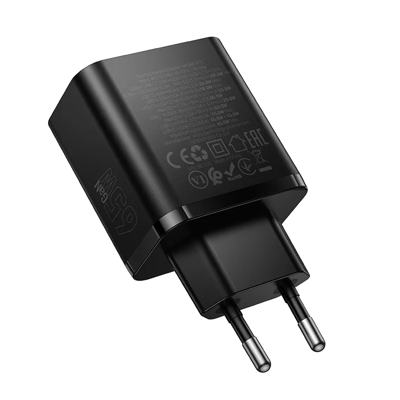 Nätverksladdare HOCO N75, 65W, 3A, 1 x USB-A - 2 x USB-C, Svart