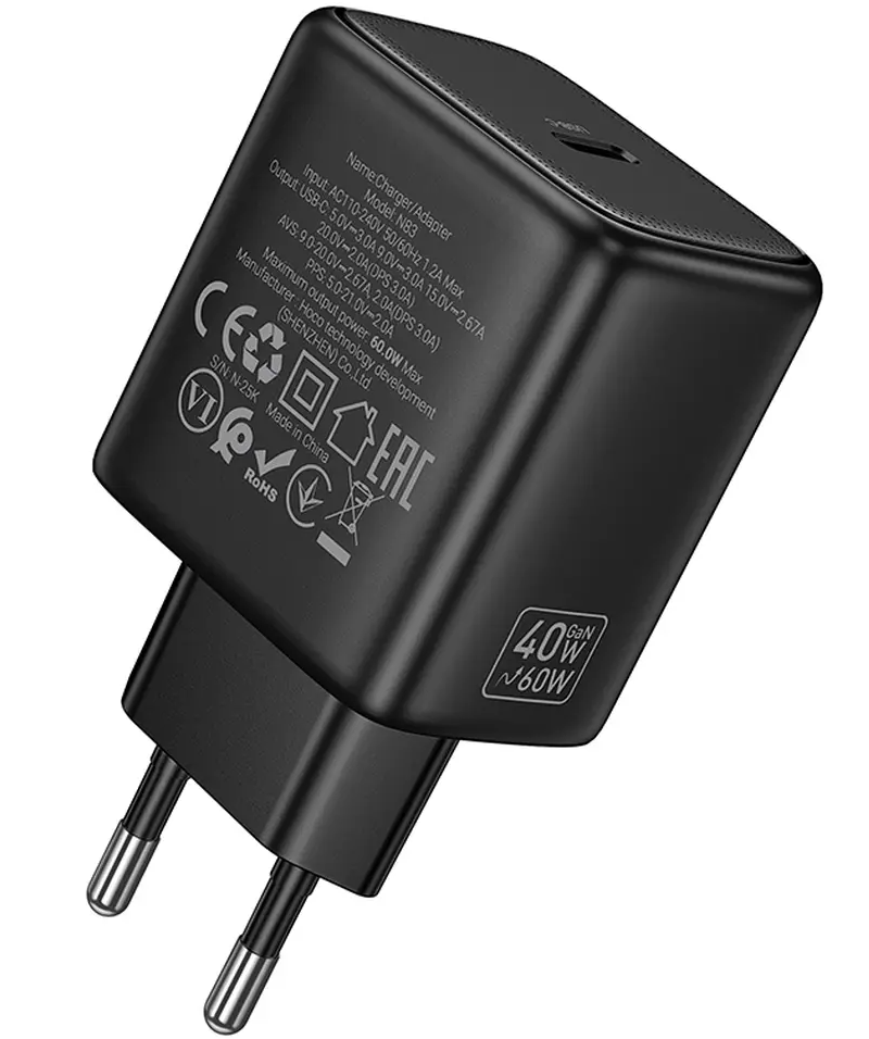 Nätadapter HOCO N83, 40W, 3A, 1 x USB-C, Svart