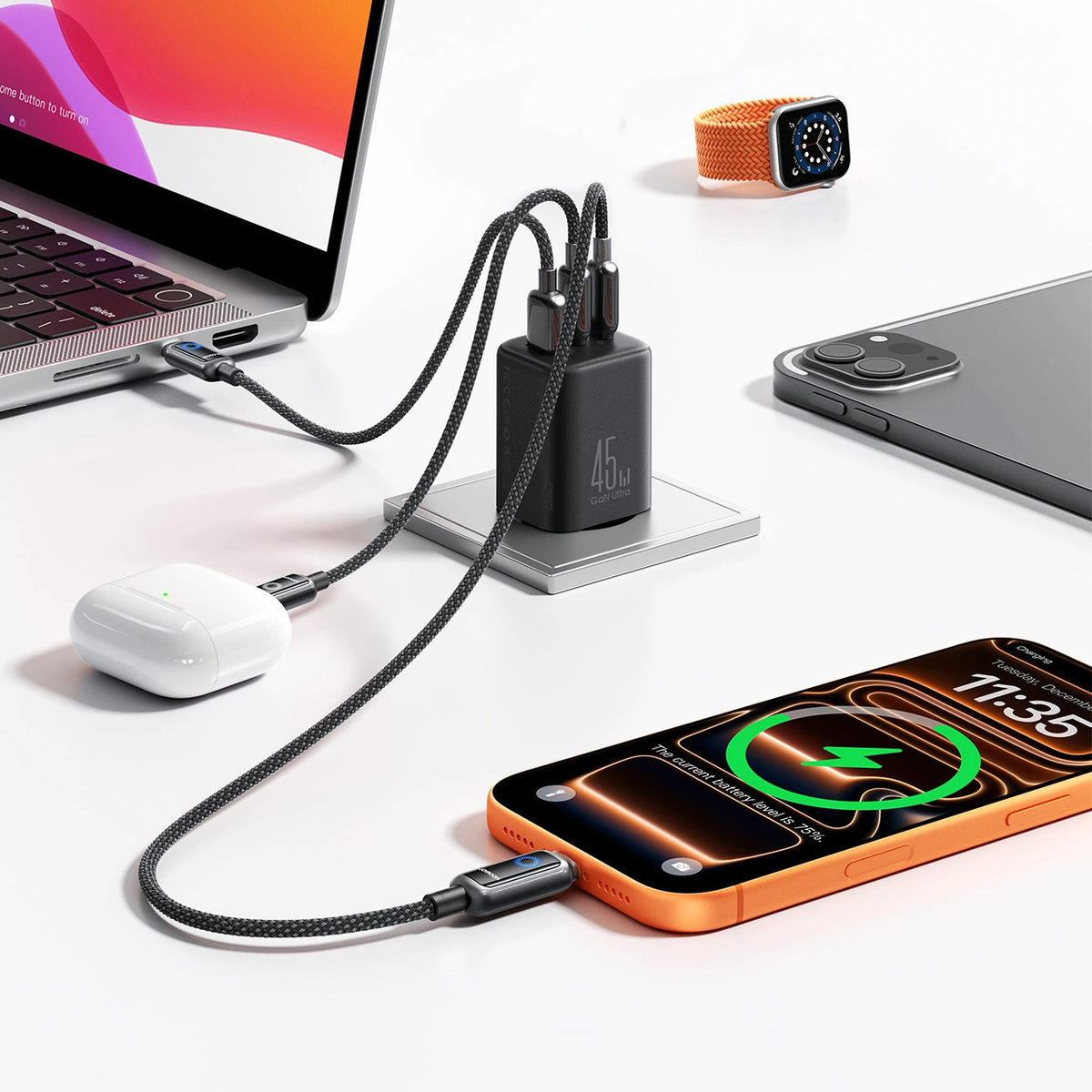 Nätadapter Joyroom JR-TO1, 45W, 3A, 1 x Lightning - 1 x USB-A - 1 x USB-C, Svart
