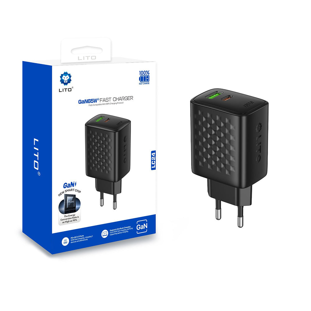 Nätverksladdare Lito LC24, 65W, 3.25A, 1 x USB-A - 1 x USB-C, Svart