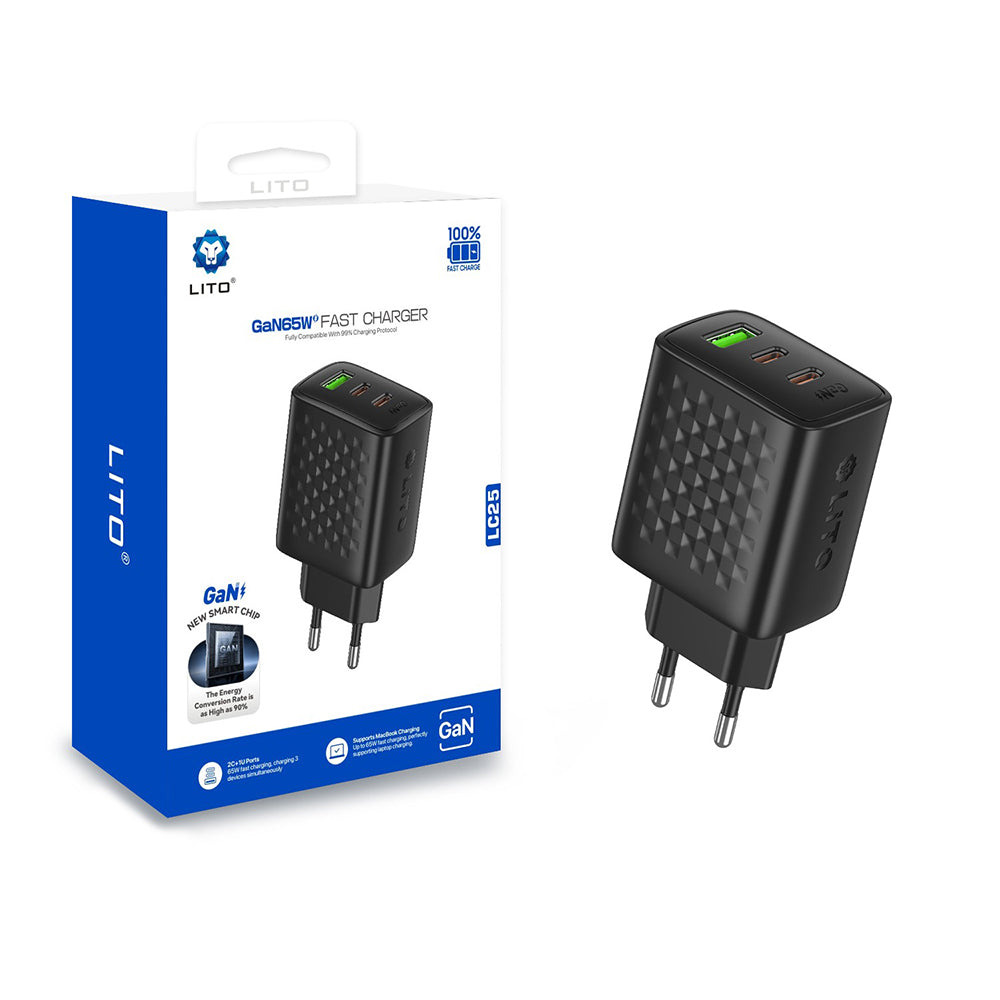 Lito LC25 Nätverksladdare, 65W, 3.25A, 1 x USB-A - 2 x USB-C, Svart