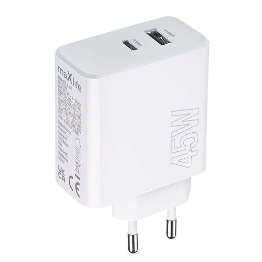 MaXlife nätverksladdare MXTC-07-45AC, 45W, 3A, 1 x USB-A - 1 x USB-C, vit