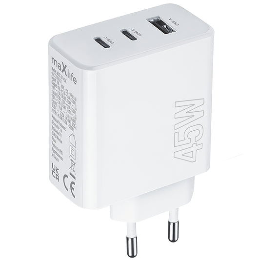 MaXlife nätverksladdare MXTC-07-45ACC, 45W, 3A, 1 x USB-A - 2 x USB-C, vit