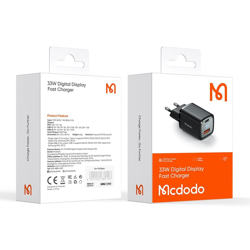 McDodo CH-1701 Graphite Display Nätverksladdare, 33W, 3A, 1 x USB-A - 1 x USB-C, Svart