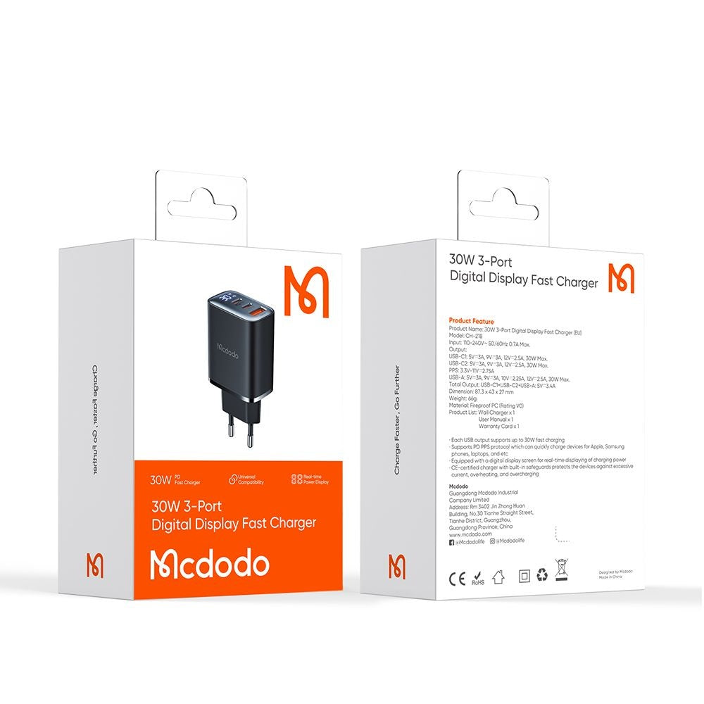 McDodo CH-2180 Nätverksladdare Display, 30W, 3A, 1 x USB-A - 2 x USB-C, Svart