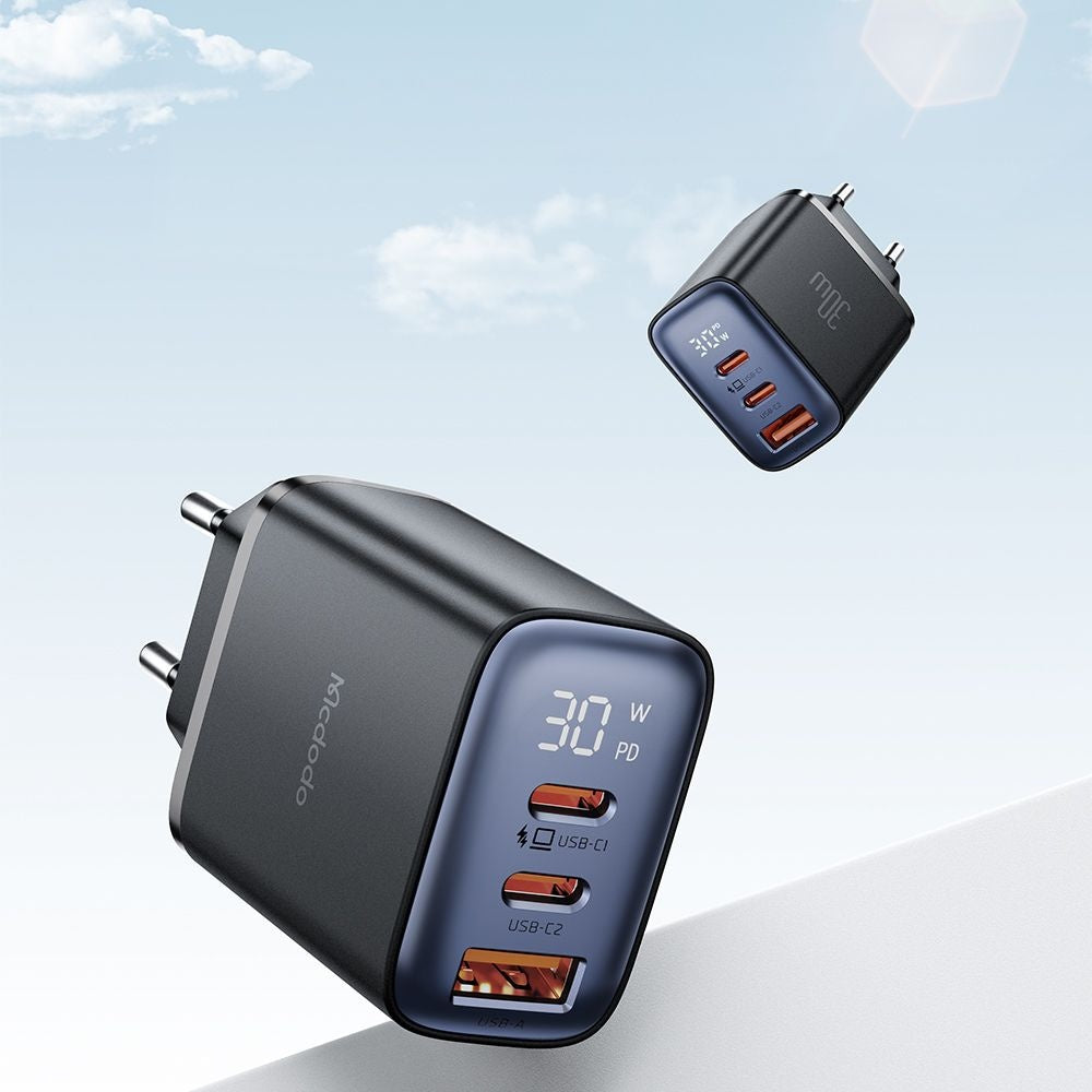 McDodo CH-2180 Nätverksladdare Display, 30W, 3A, 1 x USB-A - 2 x USB-C, Svart