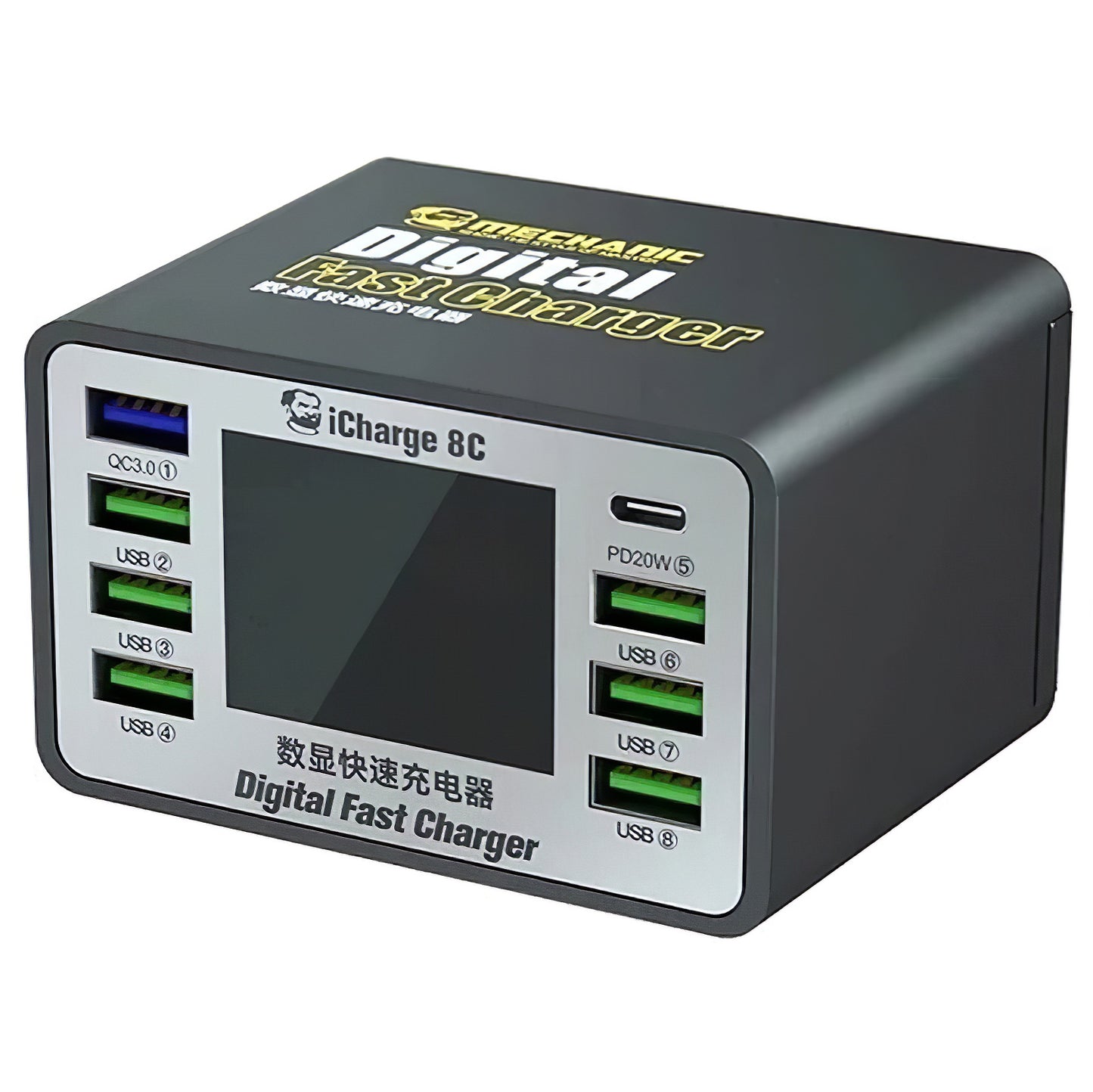 Laddare Station Mechanic 8C med Display, 50W, 3A, 7 x USB-A - 1 x USB-C, Svart