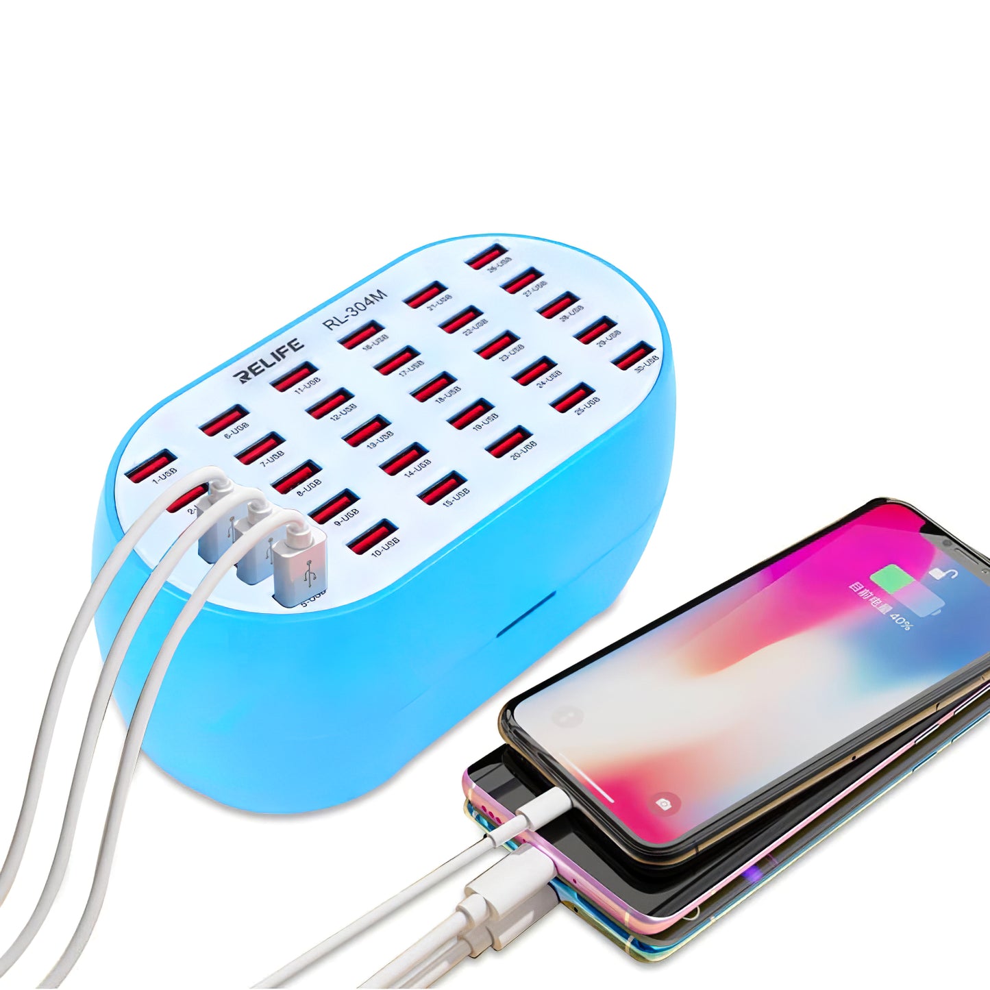 Laddningsstation Relife RL-304M, 160W, 2,4A, 30 x USB-A, blå