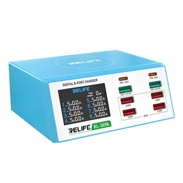 Relife RL-309A Charging Station, 100W, 4.5A, 2 x USB-C - 6 x USB-A, Blue