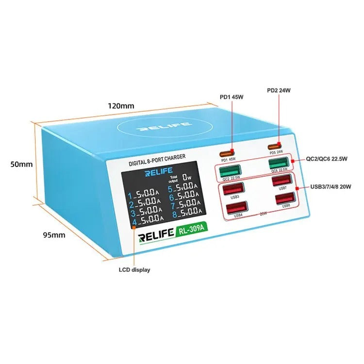 Relife RL-309A Charging Station, 100W, 4.5A, 2 x USB-C - 6 x USB-A, Blue