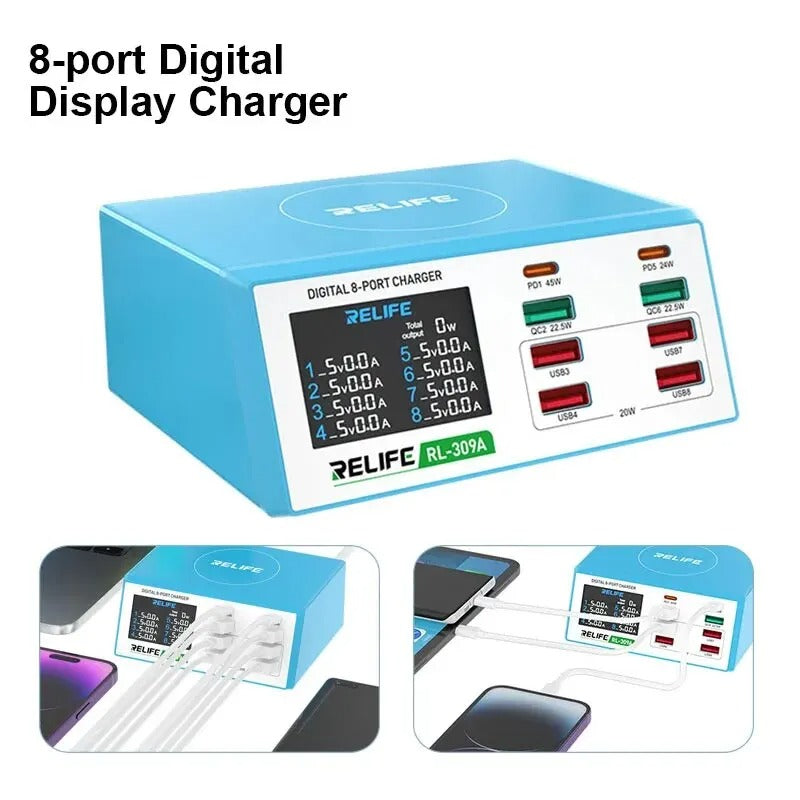 Relife RL-309A Charging Station, 100W, 4.5A, 2 x USB-C - 6 x USB-A, Blue