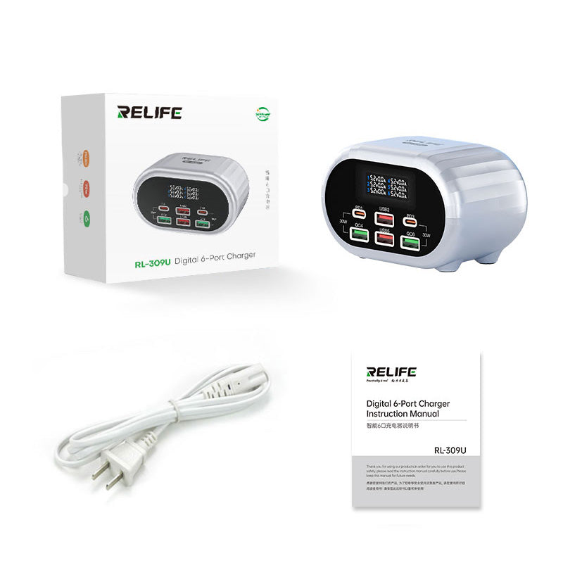 Laddningsstation Relife RL-309U, 72W, 5A, 2 x USB-C - 4 x USB-A, Silver