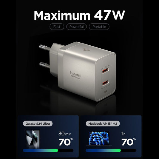 Nätadapter Spigen EE472EU Essential, 47W, 3A, 2 x USB-C, Titangrå ACH10451