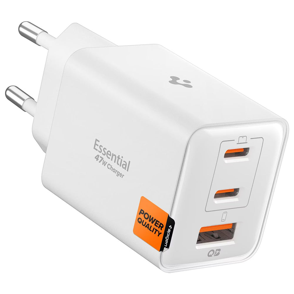 Spigen EE473EU Essential Nätverksladdare, 47W, 3A, 1 x USB-A - 2 x USB-C, Vit ACH09464