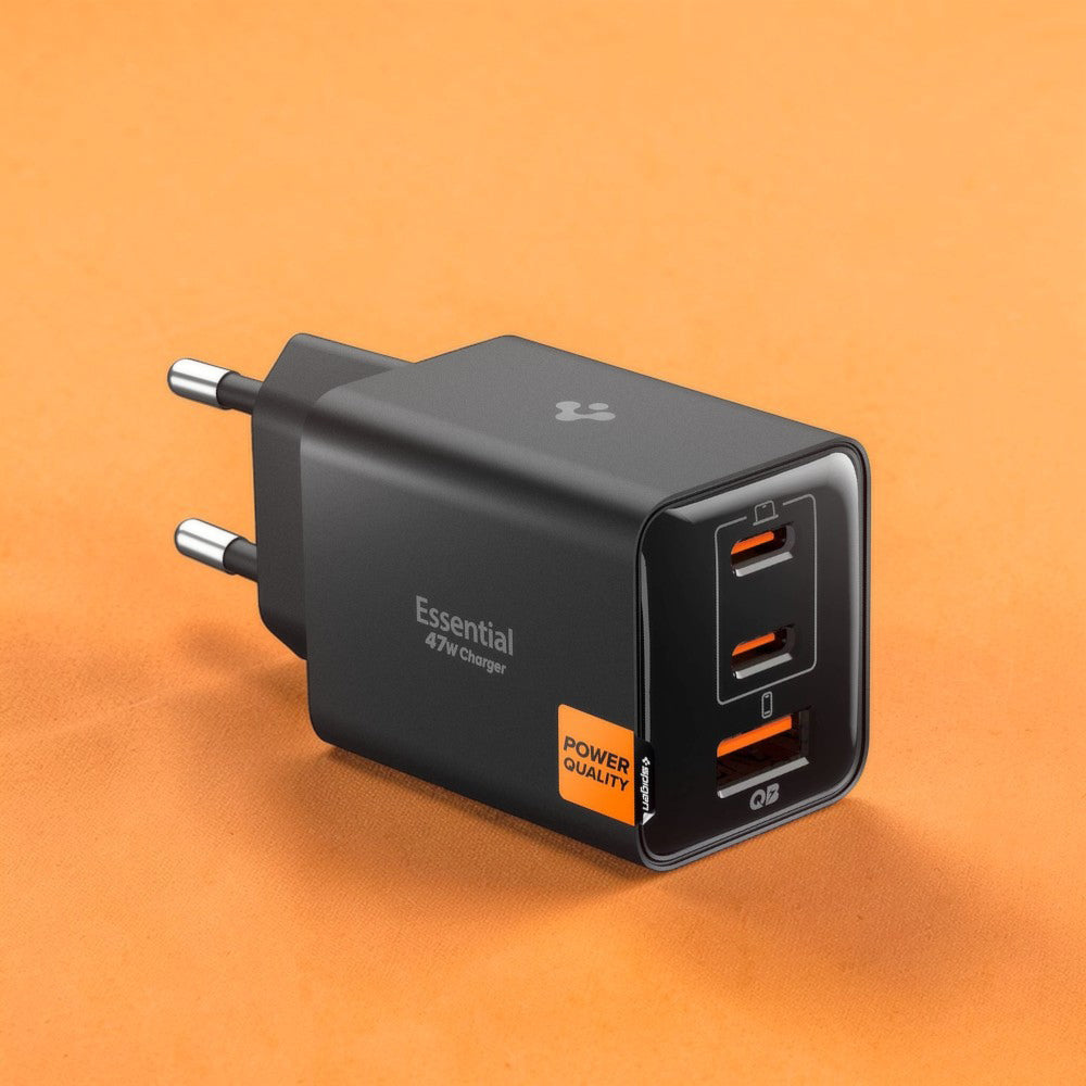 Spigen EE473EU Essential Nätverksladdare, 47W, 3A, 1 x USB-A - 2 x USB-C, Svart ACH09465