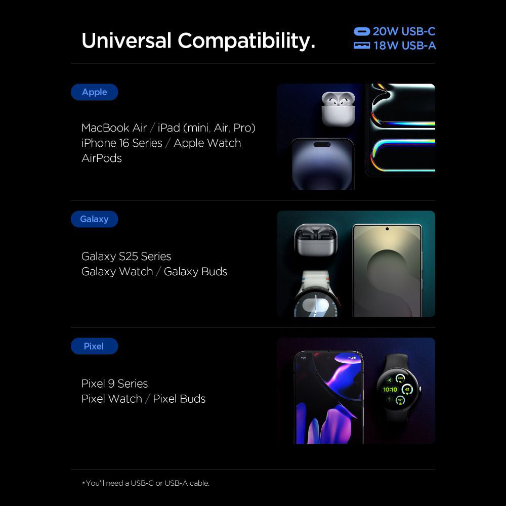 Spigen Essential Nätverksladdare, 20W, 3A, 1 x USB-A - 1 x USB-C, Vit ACH08704