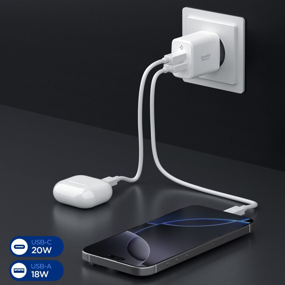 Spigen Essential Nätverksladdare, 20W, 3A, 1 x USB-A - 1 x USB-C, Vit ACH08704