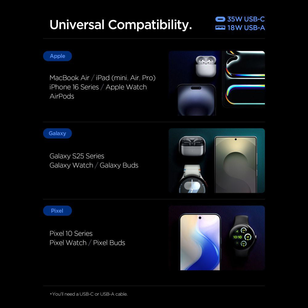 Spigen Essential Nätverksladdare, 35W, 3A, 1 x USB-A - 1 x USB-C, Svart