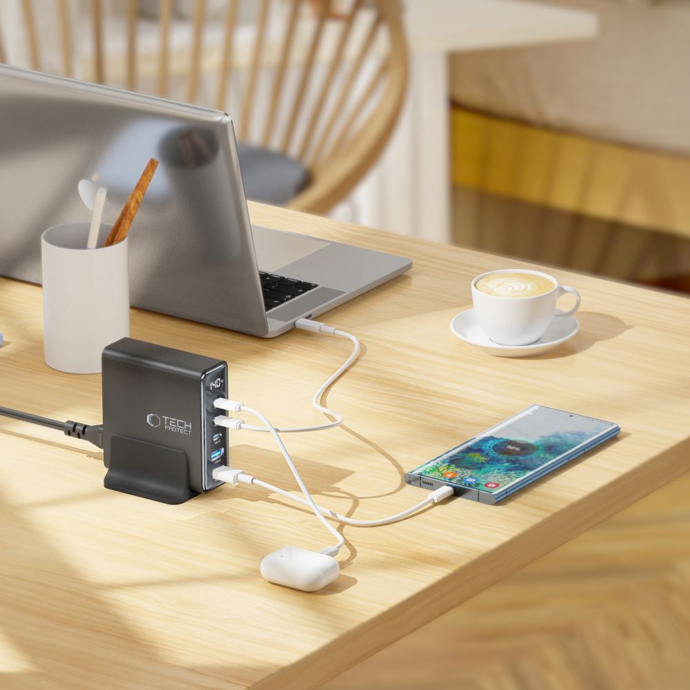 Tech-Protect DC140W Charging Station, 140W, 3A, 2 x USB-A - 3 x USB-C, Black