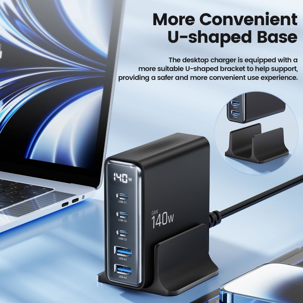 Tech-Protect DC140W Charging Station, 140W, 3A, 2 x USB-A - 3 x USB-C, Black