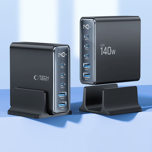 Tech-Protect DC140W, 140W, 3A, 2 x USB-A - 3 x USB-C, Svart